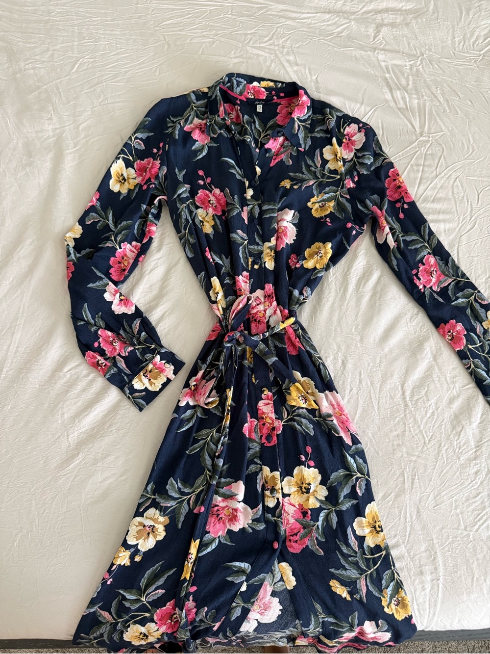 Joules Navy Long-Sleeve Floral Tie-Waist Dress with Pink & Yellow Blooms